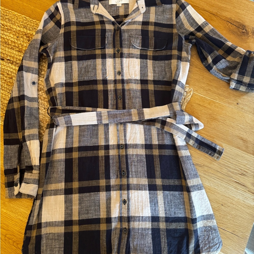 LOFT Black and White Casual Long Sleeve Shirt Dress